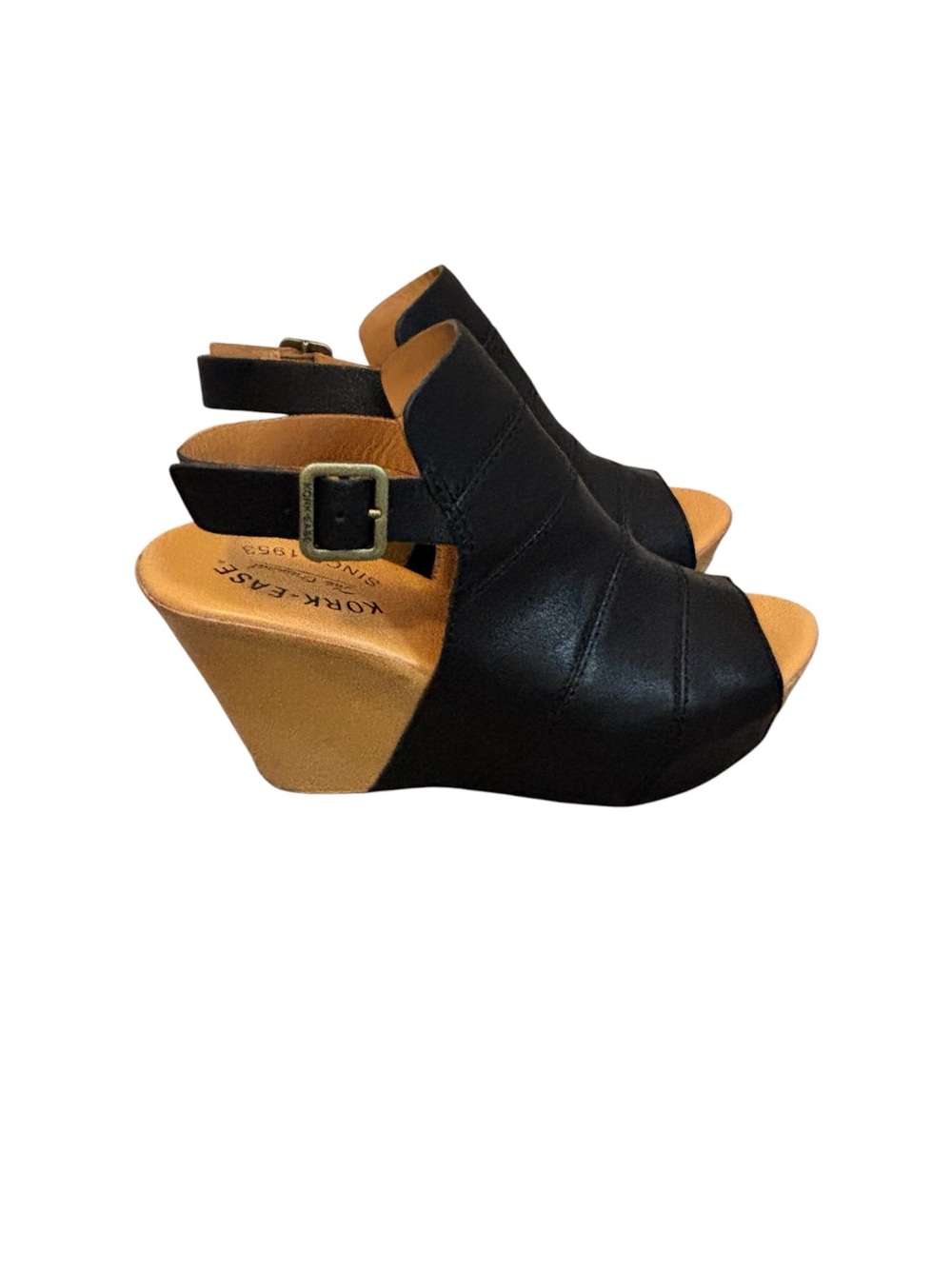 Kork-Ease Bergen Black Leather Open-Toe Slingback Wedge Sandals Sz 7